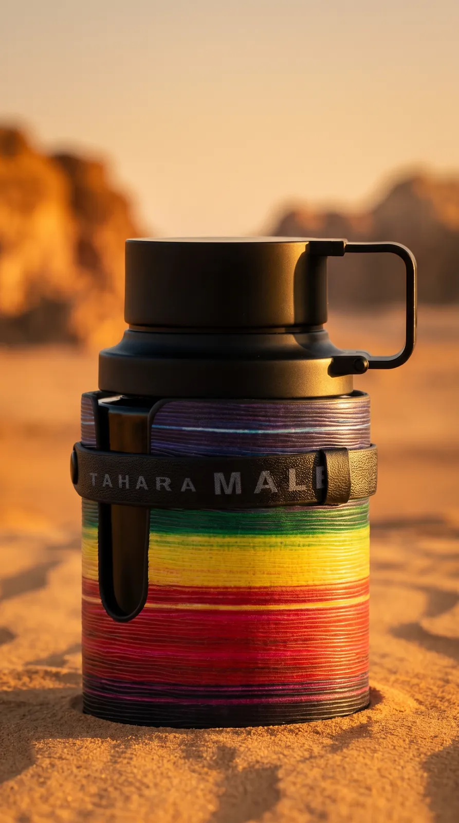 Frasco TAHARA MALE con tapa negra y funda de franjas multicolor, en la arena del desierto