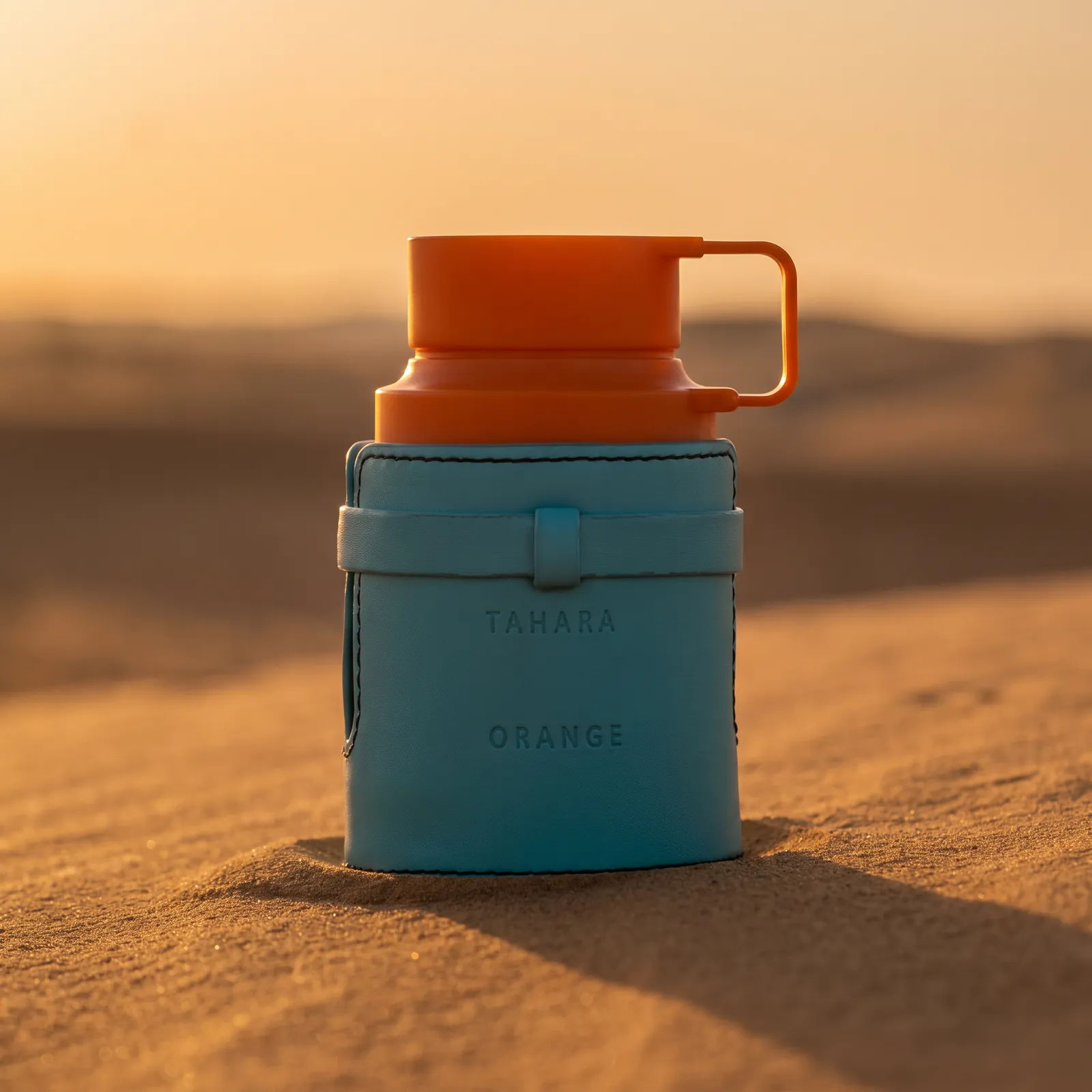 Frasco TAHARA ORANGE con tapa naranja y funda de piel turquesa, sobre una duna al atardecer