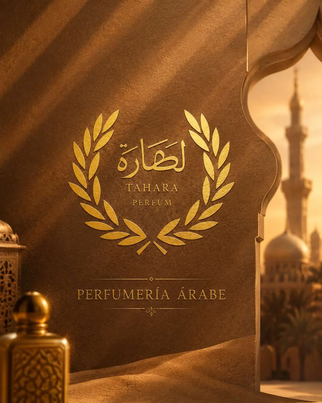 Sello dorado de TAHARA Perfum con laureles, sobre muro de piedra junto a un arco árabe