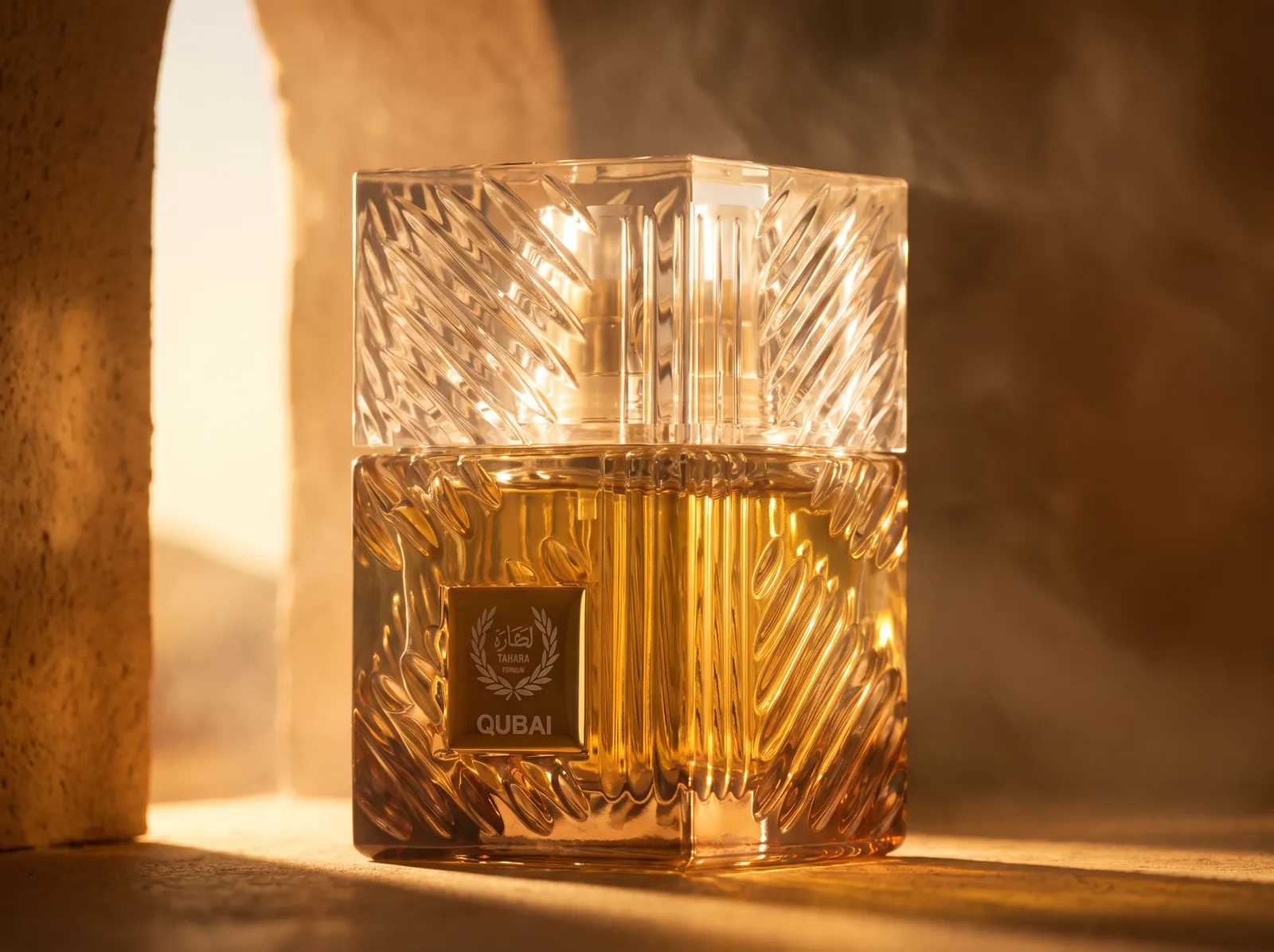 Frasco de TAHARA QUBAI, cristal tallado con fragancia ámbar, iluminado por la luz cálida de un arco de piedra